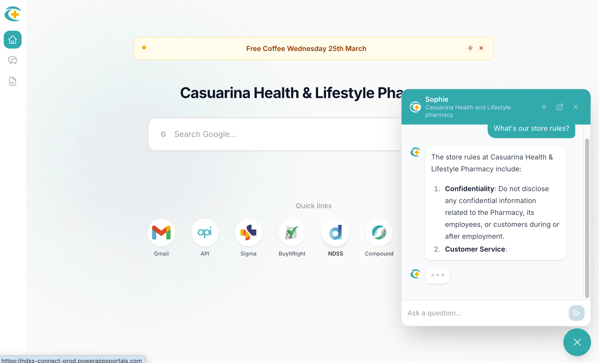 PharmStack dashboard with the assistant open, answering from store documents without leaving the page.