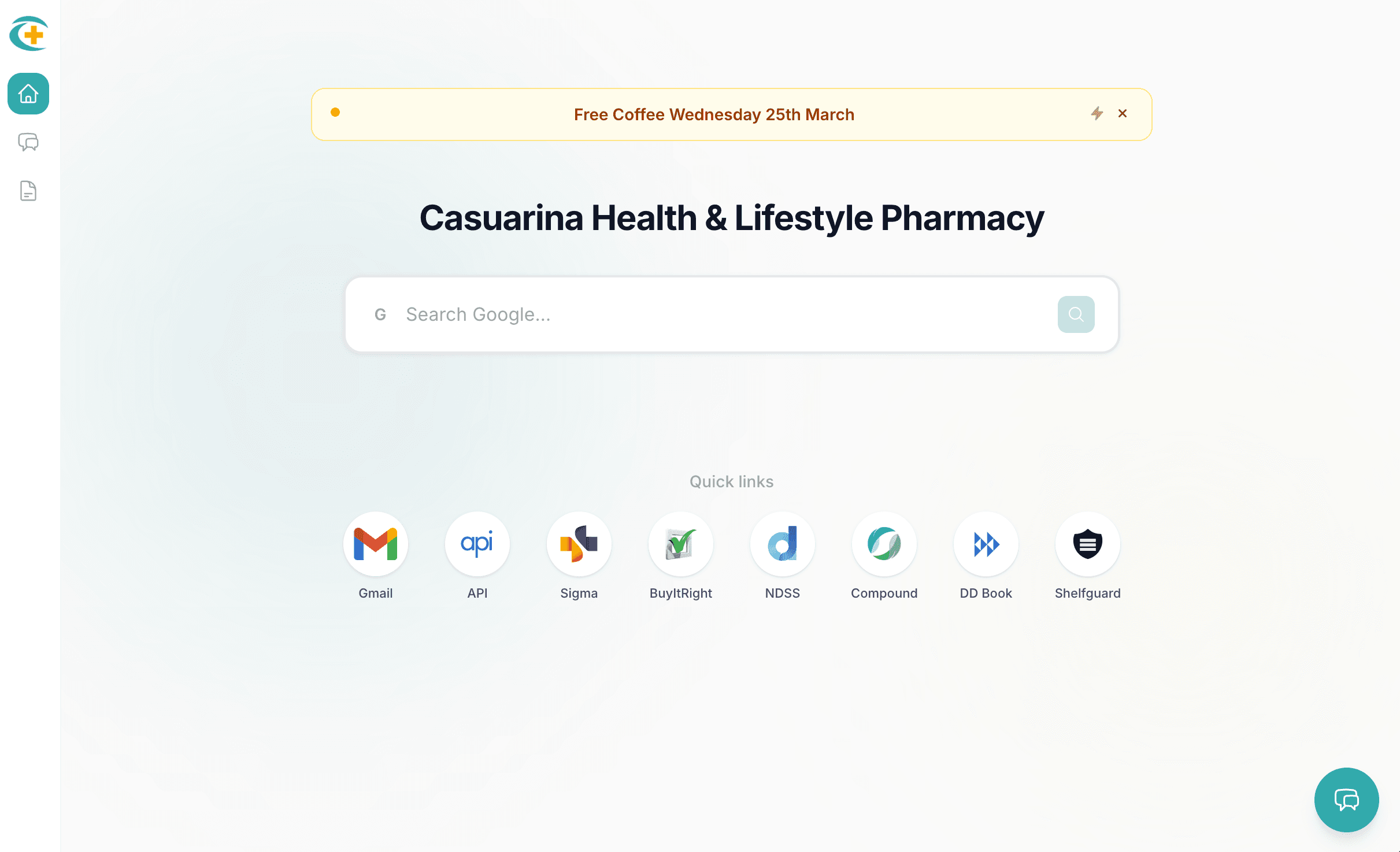 Casuarina Health and Lifestyle Pharmacy dashboard in PharmStack: announcement bar, Google search, quick links to pharmacy tools, and sidebar navigation.